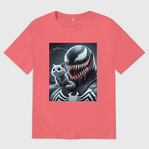 Мужская футболка оверсайз Venom and funny kitten - ai art fantasy / Коралловый – фото 1