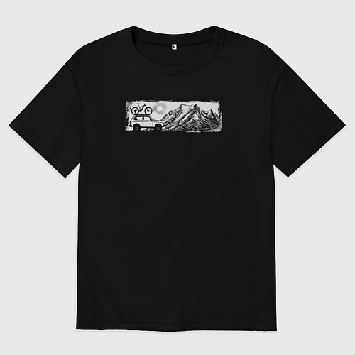 Мужская футболка оверсайз Внедорожник, велосипед и горы - оффроад / Черный – фото 1