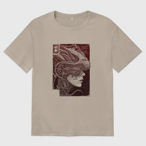 Мужская футболка оверсайз Андроид в кибернетическом шлеме / Миндальный – фото 1