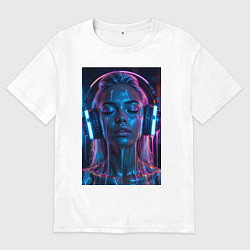 Футболка оверсайз мужская Девушка с наушниками в неоне, цвет: белый