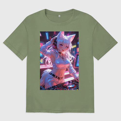 Мужская футболка оверсайз Лиса диджей в клубе / Авокадо – фото 1