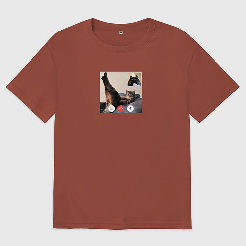 Мужская футболка оверсайз Видеозвонок с кошкой - мем для пары / Кирпичный – фото 1