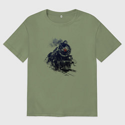 Футболка оверсайз мужская Черный паровоз с красной звездой, цвет: авокадо