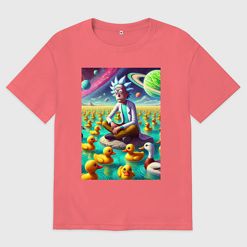 Мужская футболка оверсайз Рик Санчес медитирует на утиной планете - нейроарт / Коралловый – фото 1