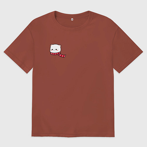Мужская футболка оверсайз Милый белый котик в шарфике для пары / Кирпичный – фото 1