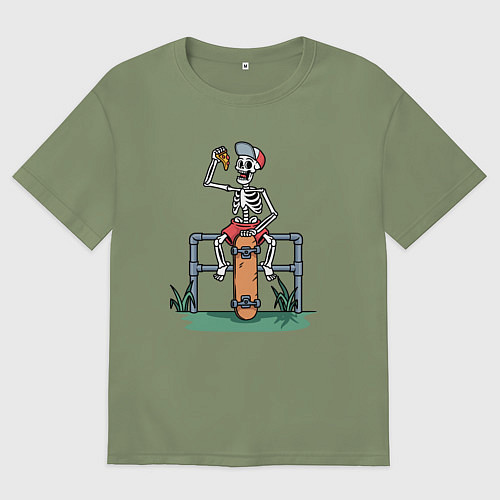 Мужская футболка оверсайз Скелетик скейтер с пиццей / Авокадо – фото 1