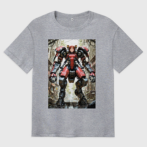 Мужская футболка оверсайз Девушка управляет огромным мехом / Меланж – фото 1