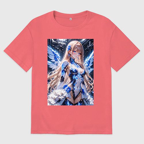 Мужская футболка оверсайз Девушка с кибернетическими крыльями / Коралловый – фото 1