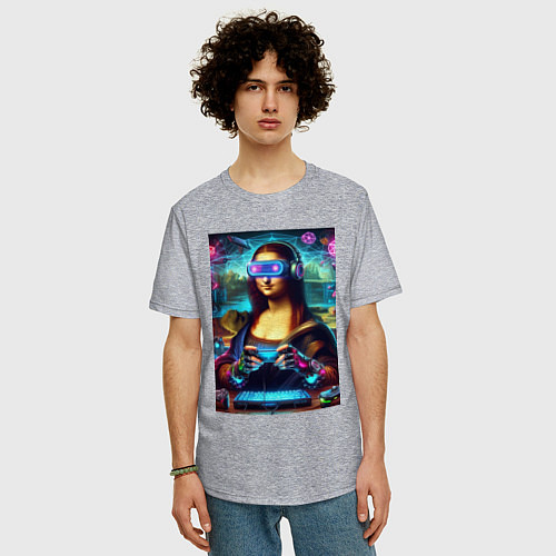 Мужская футболка оверсайз Mona Lisa is an avid gamer - cyberpunk / Меланж – фото 3
