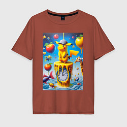 Футболка оверсайз мужская Funny Pikachu and fishes - surrealism, цвет: кирпичный