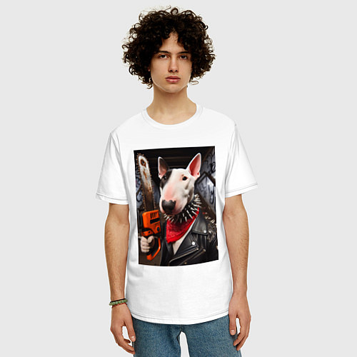 Мужская футболка оверсайз Бультерьер с бензопилой - нейроарт / Белый – фото 3