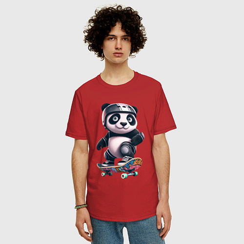 Мужская футболка оверсайз Cool panda on a skateboard - extreme / Красный – фото 3