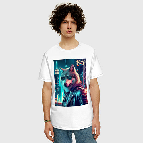 Мужская футболка оверсайз Крутой волчара в ночном Нью-Йорке - нейроарт / Белый – фото 3