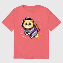 Футболка оверсайз мужская Котик бравый космонавт с джетпаком, цвет: коралловый