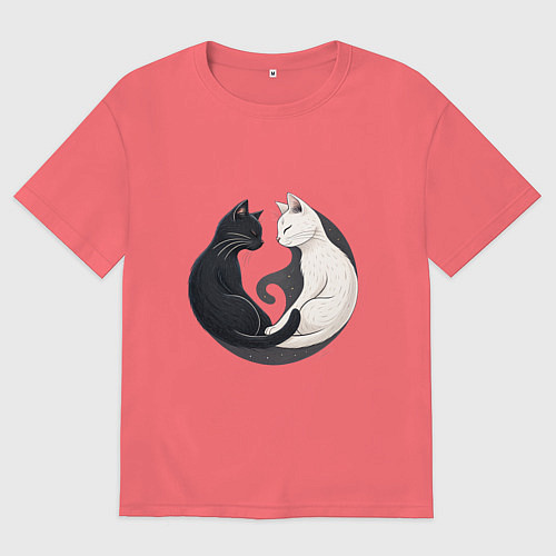 Мужская футболка оверсайз Инь-ян кошки / Коралловый – фото 1