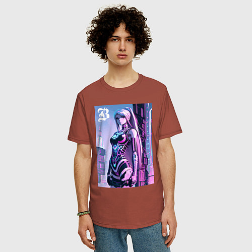 Мужская футболка оверсайз Киберпанк девчонка Барби - нейроарт фантазия / Кирпичный – фото 3
