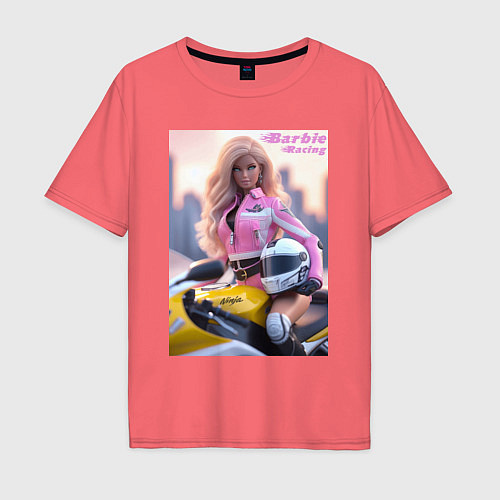 Мужская футболка оверсайз Barbie racing - Kawasaki Ninja / Коралловый – фото 1