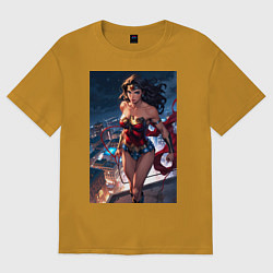 Футболка оверсайз мужская Чудо-женщина на крыше с городским фоном в стиле ко, цвет: горчичный