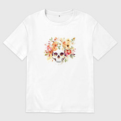 Футболка оверсайз мужская Акварельный череп с цветами, цвет: белый