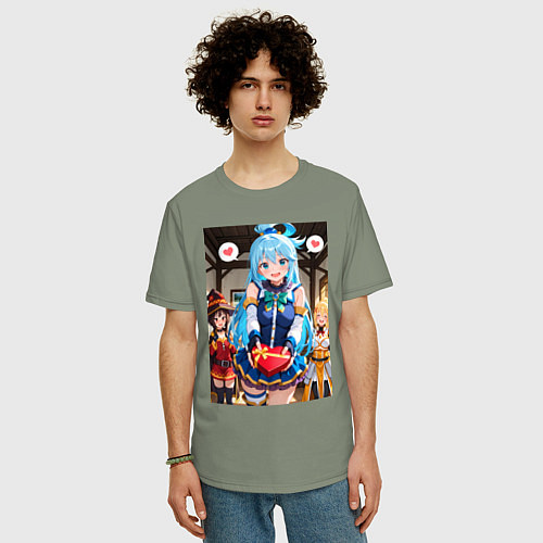 Мужская футболка оверсайз Аква Мегумин и Даркнес дарят валентинки / Авокадо – фото 3