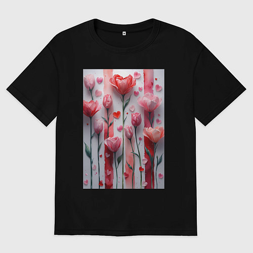 Мужская футболка оверсайз Композиция из цветов и сердечек / Черный – фото 1