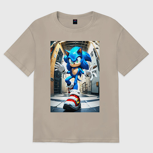 Мужская футболка оверсайз Соника застали врасплох / Миндальный – фото 1