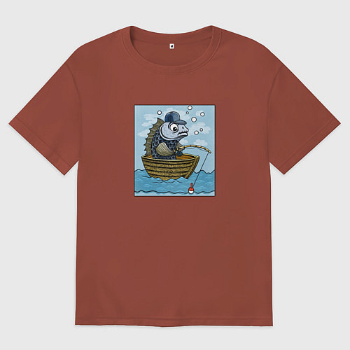 Мужская футболка оверсайз Рыба ловит рыбу в лодке / Кирпичный – фото 1