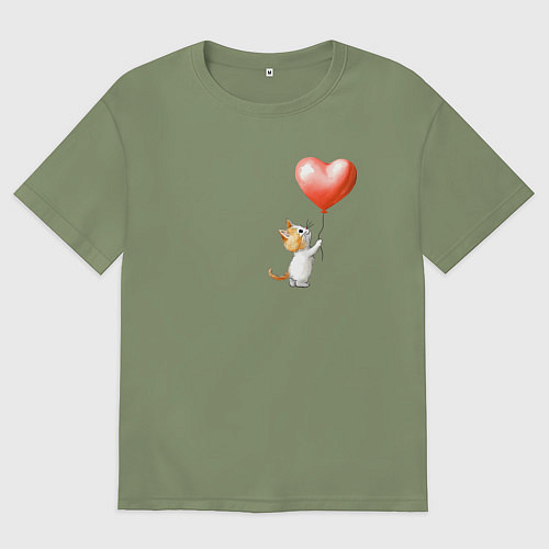 Мужская футболка оверсайз Котик с шариком сердцем / Авокадо – фото 1