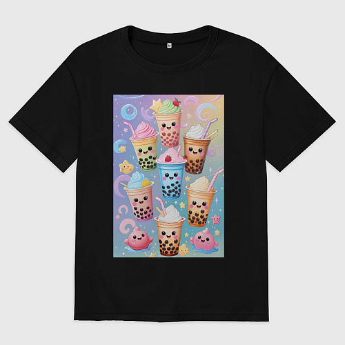 Мужская футболка оверсайз Улыбающиеся яркие разноцветные стаканчики с bubble / Черный – фото 1