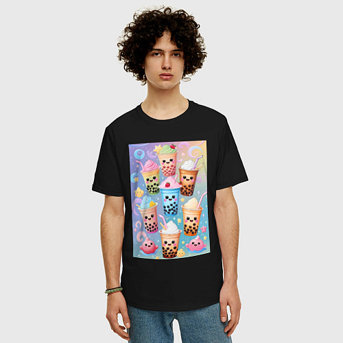 Мужская футболка оверсайз Улыбающиеся яркие разноцветные стаканчики с bubble / Черный – фото 3