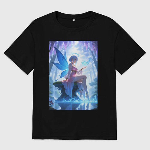 Мужская футболка оверсайз Прекрасная фея посреди лесного пруда / Черный – фото 1