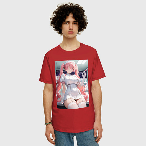 Мужская футболка оверсайз Медсестричка сделает тебе укол любви / Красный – фото 3