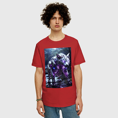 Мужская футболка оверсайз Киборг лиса с неоновой подсветкой / Красный – фото 3