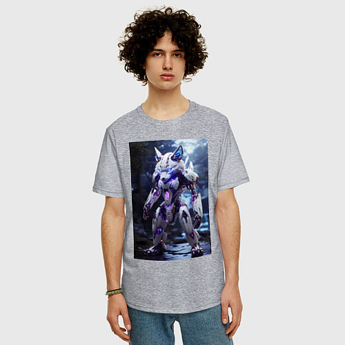 Мужская футболка оверсайз Киборг лиса с неоновой подсветкой / Меланж – фото 3