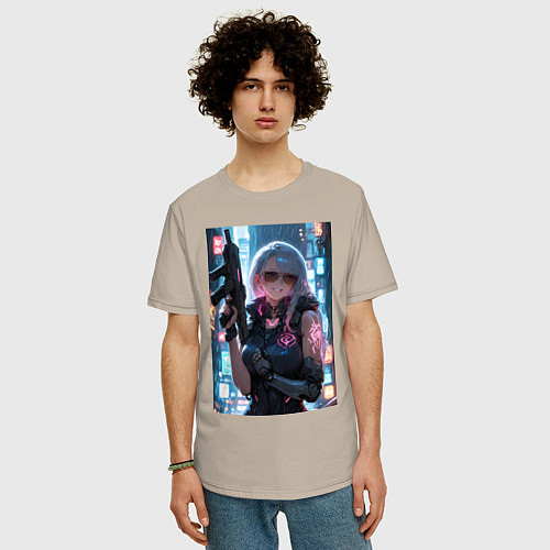Мужская футболка оверсайз Наемник в стиле Cyberpunk / Миндальный – фото 3