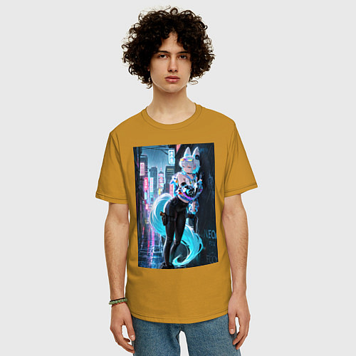 Мужская футболка оверсайз Лиса наемник в стиле Cyberpunk / Горчичный – фото 3