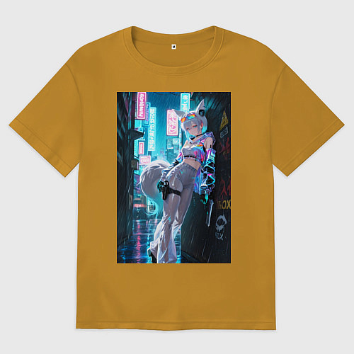 Мужская футболка оверсайз Лиса наемник в стиле Cyberpunk / Горчичный – фото 1