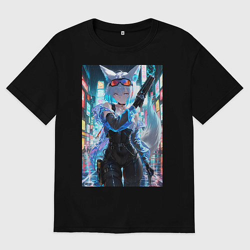 Мужская футболка оверсайз Лиса наемник в стиле Cyberpunk / Черный – фото 1