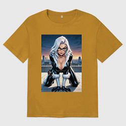 Футболка оверсайз мужская Черная кошка на крыше небоскреба, цвет: горчичный