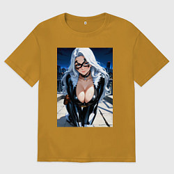 Футболка оверсайз мужская Черная кошка на крыше небоскреба, цвет: горчичный