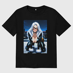 Футболка оверсайз мужская Черная кошка на крыше небоскреба, цвет: черный