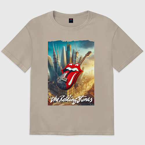 Мужская футболка оверсайз Rolling Stones - logo-guitar / Миндальный – фото 1