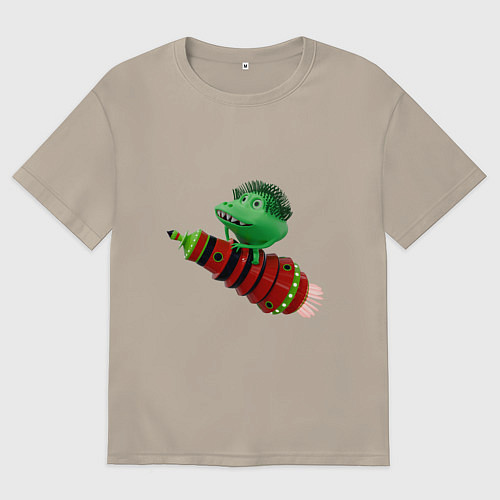 Мужская футболка оверсайз Зеленый монстр на красной ракете / Миндальный – фото 1