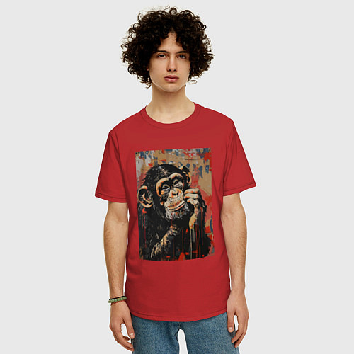 Мужская футболка оверсайз Задумчивая обезьянка / Красный – фото 3