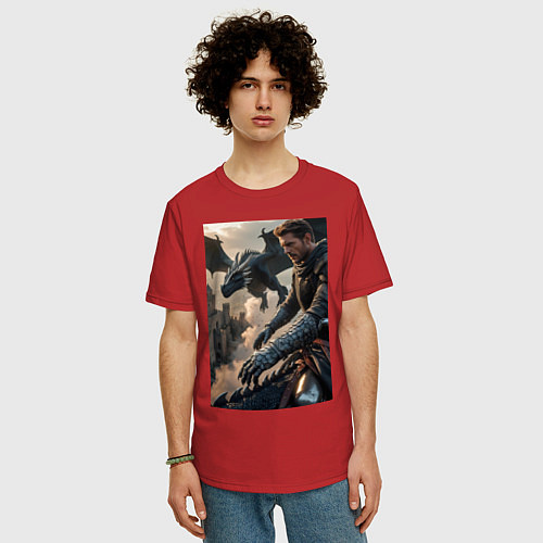 Мужская футболка оверсайз Рыцарь летит на драконе / Красный – фото 3