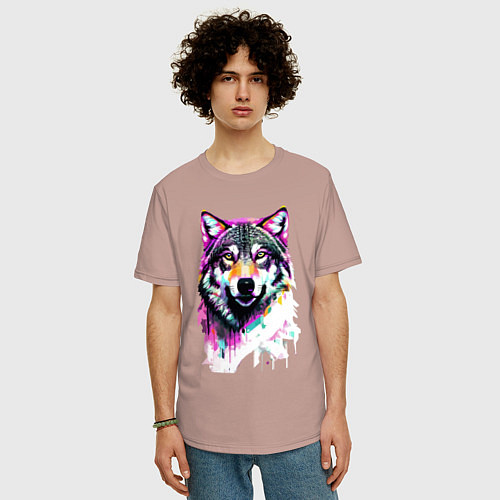 Мужская футболка оверсайз Волчья морда - нейроарт / Пыльно-розовый – фото 3