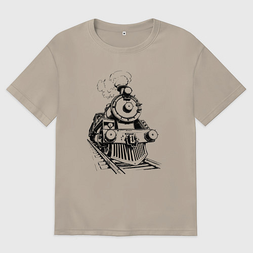 Мужская футболка оверсайз Векторный паровоз / Миндальный – фото 1