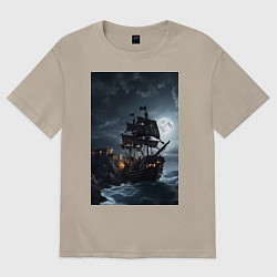Футболка оверсайз мужская Пиратский корабль в шторм, цвет: миндальный