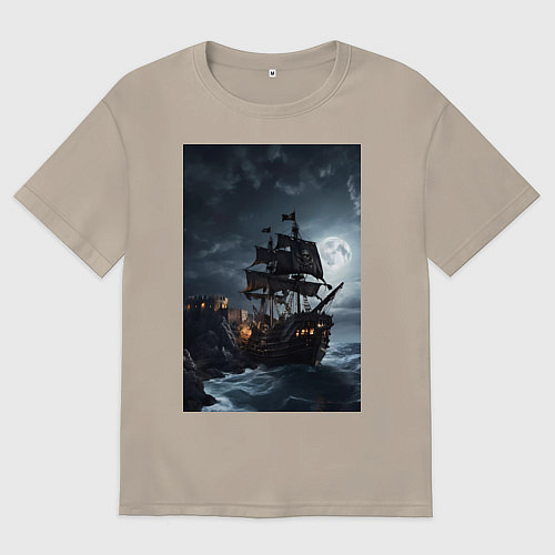 Мужская футболка оверсайз Пиратский корабль в шторм / Миндальный – фото 1