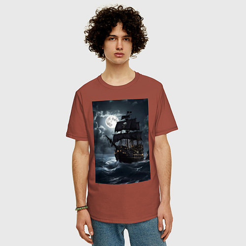Мужская футболка оверсайз Пиратский корабль в шторм / Кирпичный – фото 3